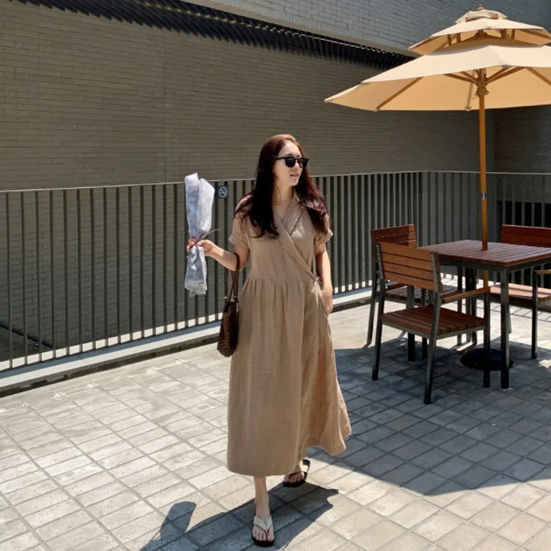 Revere Neck Linen Loose Fit Dress