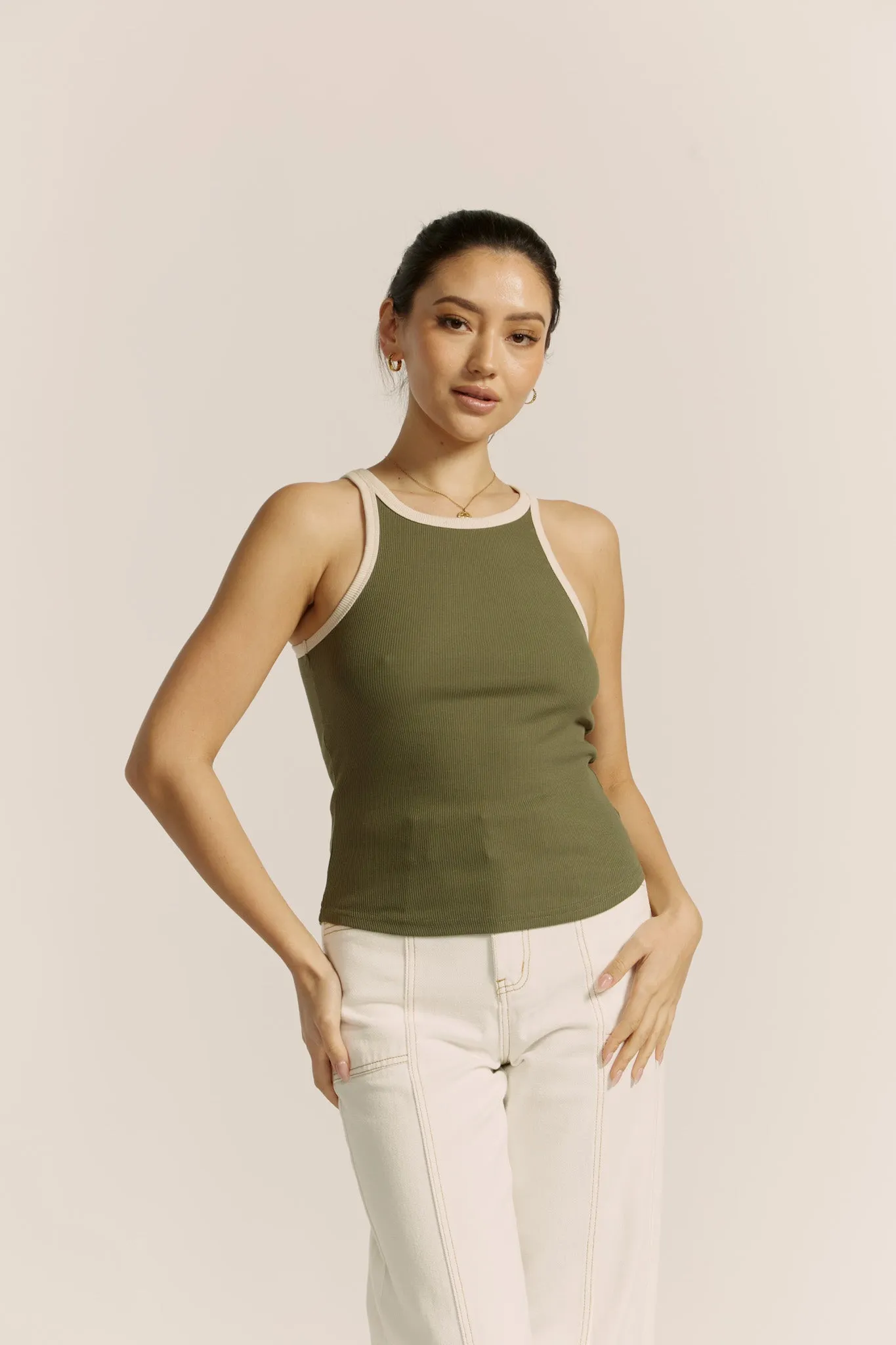 Rowen Khaki Green Contrast Ribbed Tank Top