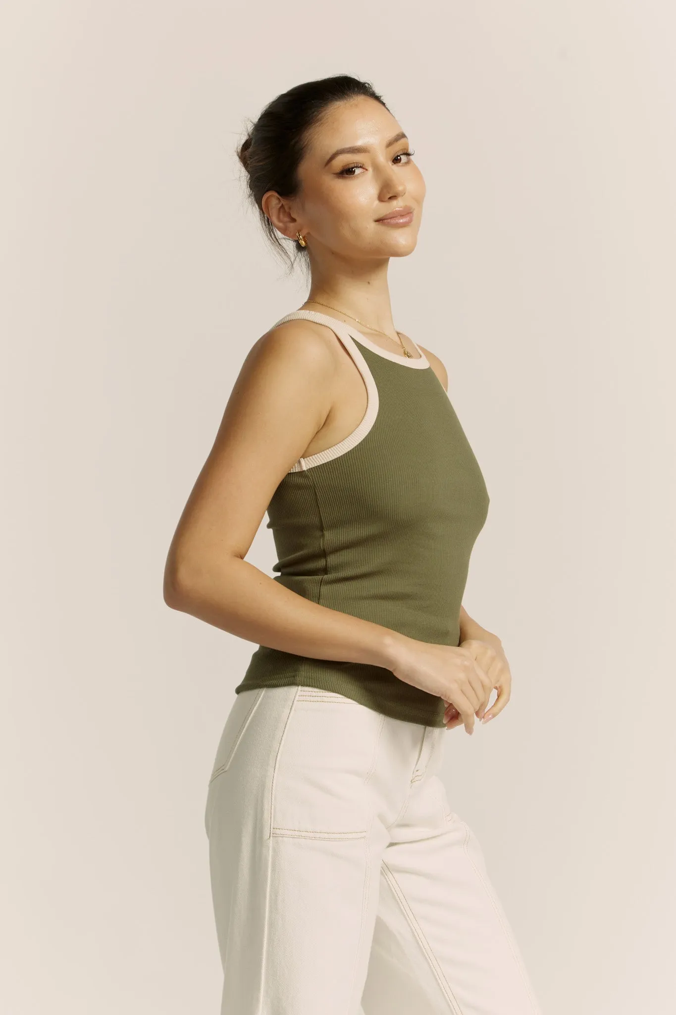 Rowen Khaki Green Contrast Ribbed Tank Top