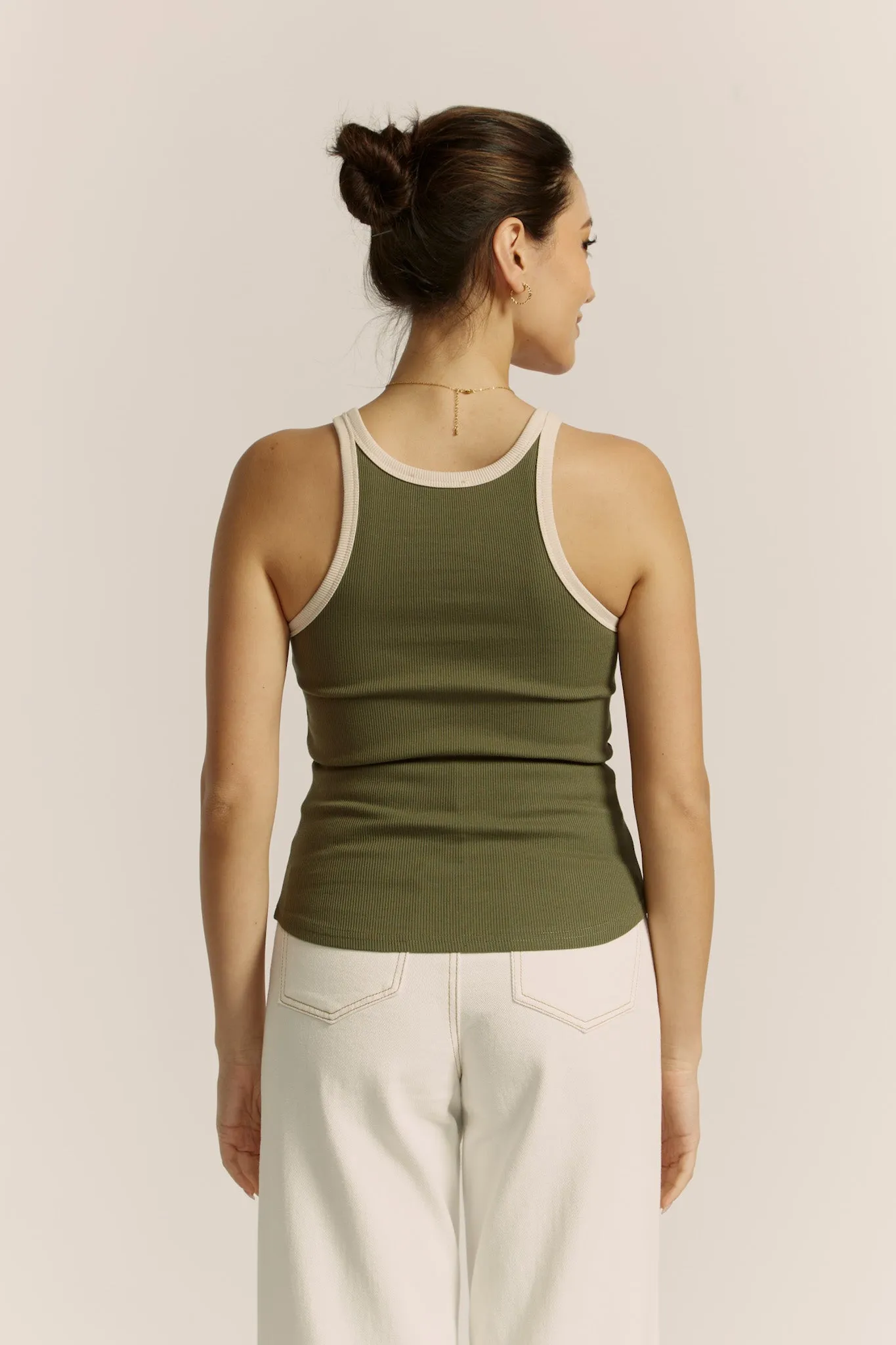 Rowen Khaki Green Contrast Ribbed Tank Top