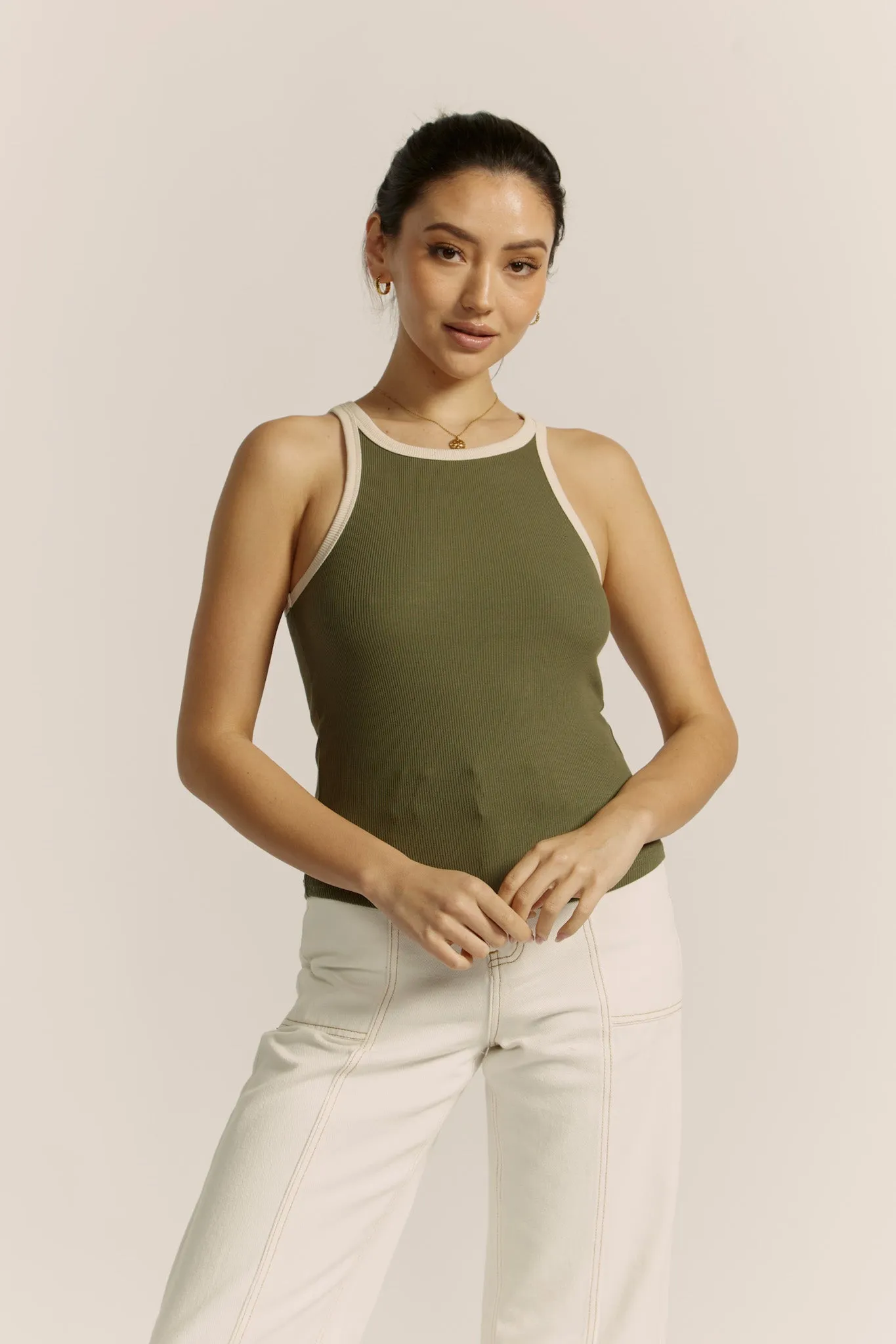 Rowen Khaki Green Contrast Ribbed Tank Top