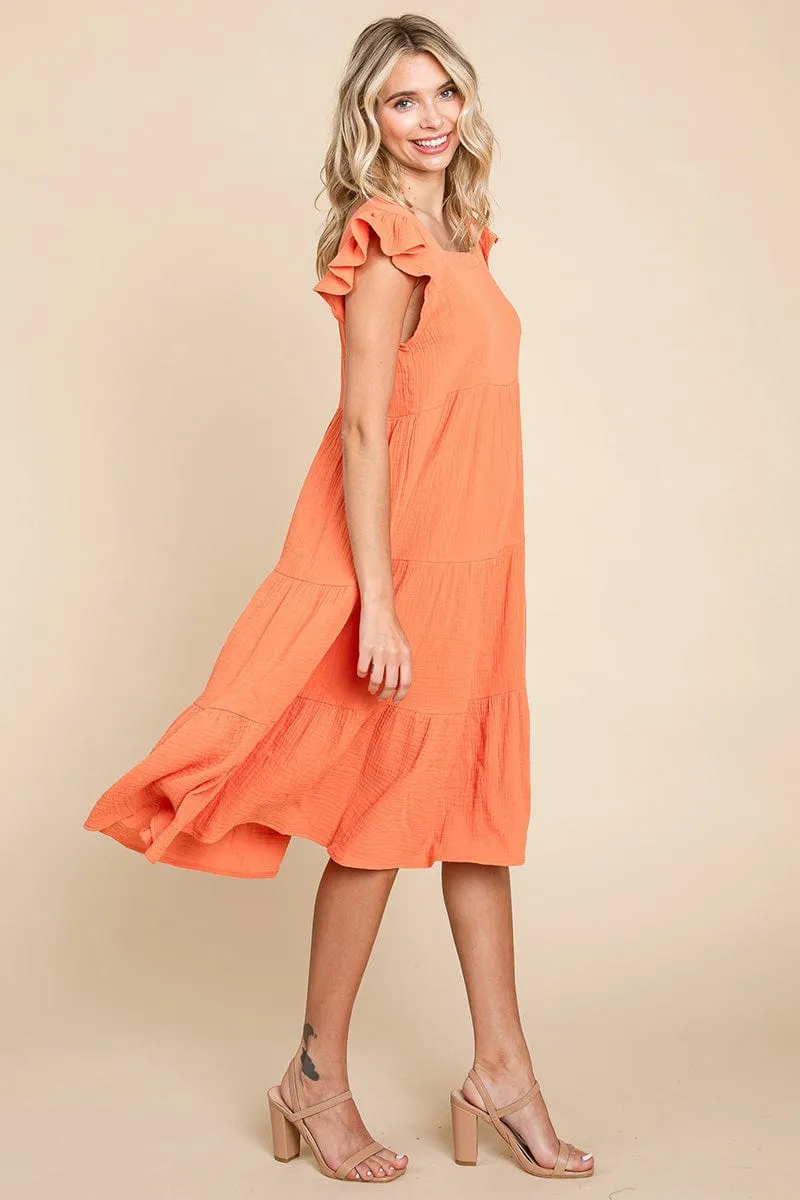 Ruffle Sleeve Gauze Tiered Midi Cotton Dress