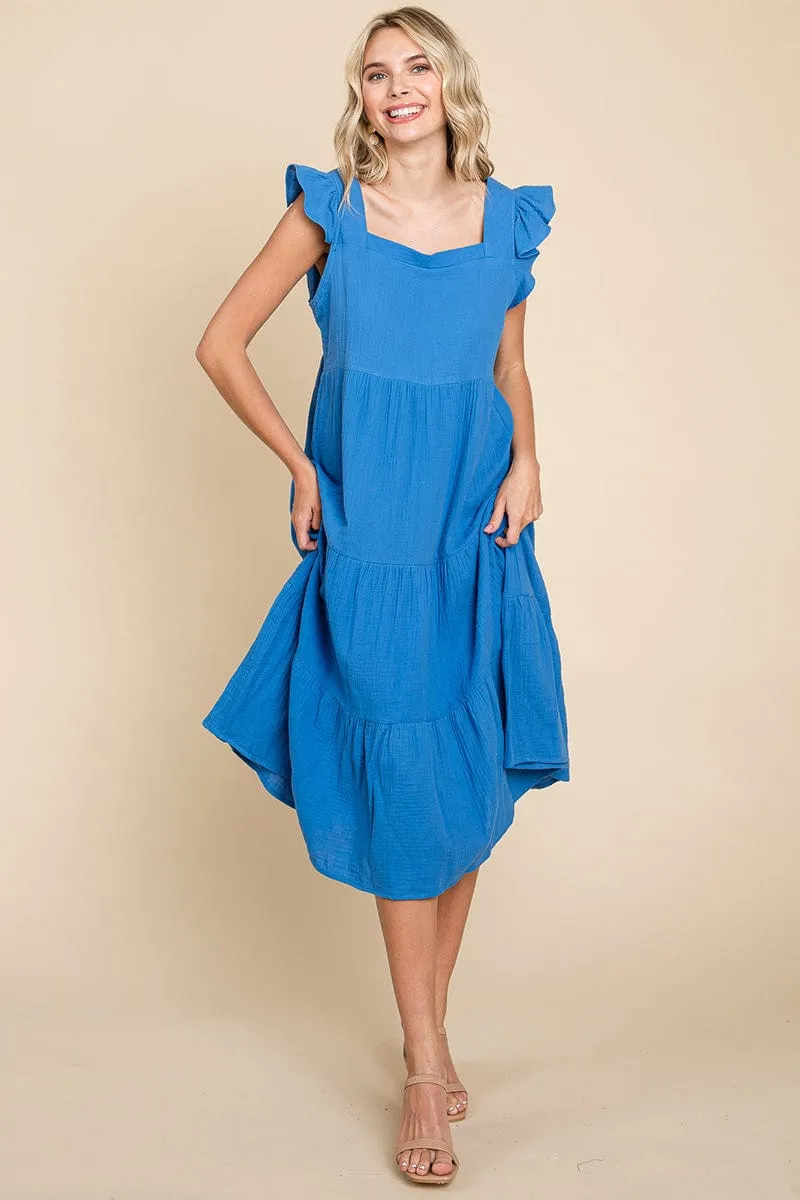 Ruffle Sleeve Gauze Tiered Midi Cotton Dress