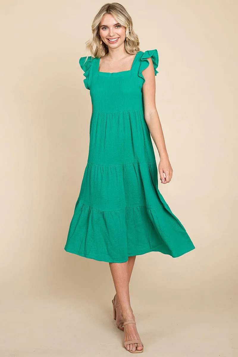 Ruffle Sleeve Gauze Tiered Midi Cotton Dress