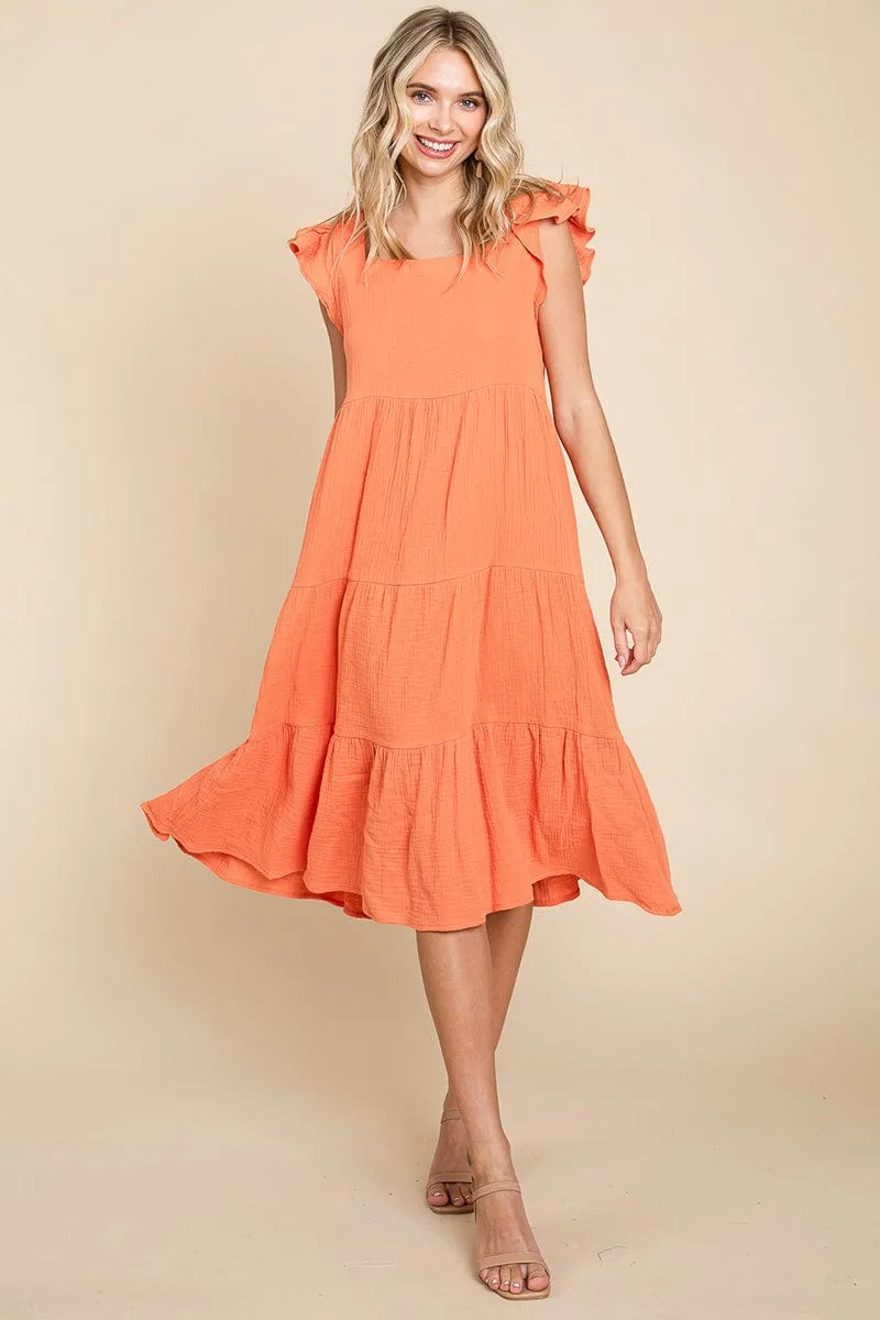 Ruffle Sleeve Gauze Tiered Midi Cotton Dress