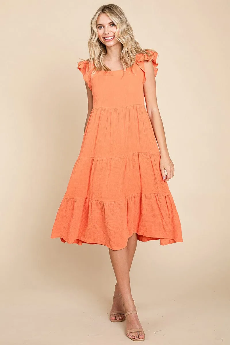 Ruffle Sleeve Gauze Tiered Midi Cotton Dress