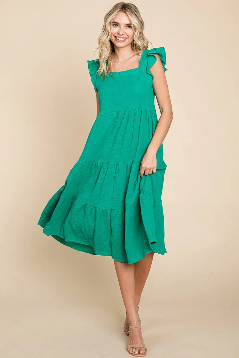 Ruffle Sleeve Gauze Tiered Midi Cotton Dress