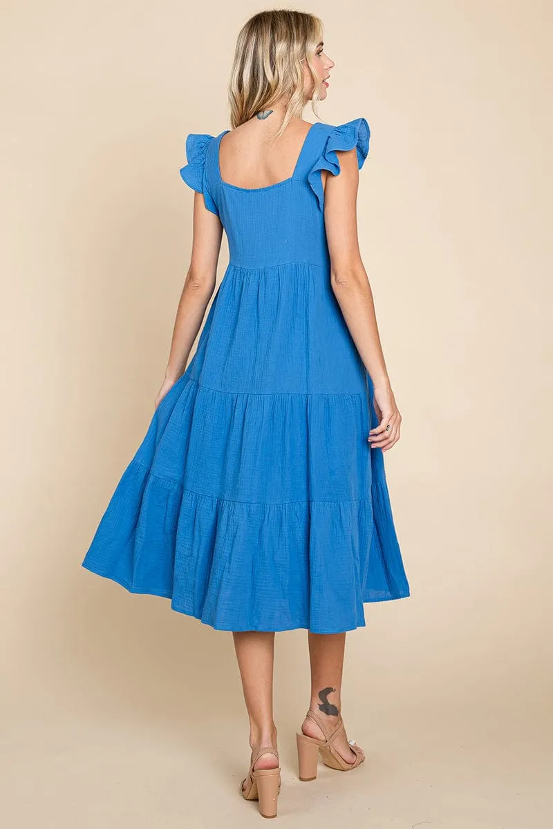 Ruffle Sleeve Gauze Tiered Midi Cotton Dress