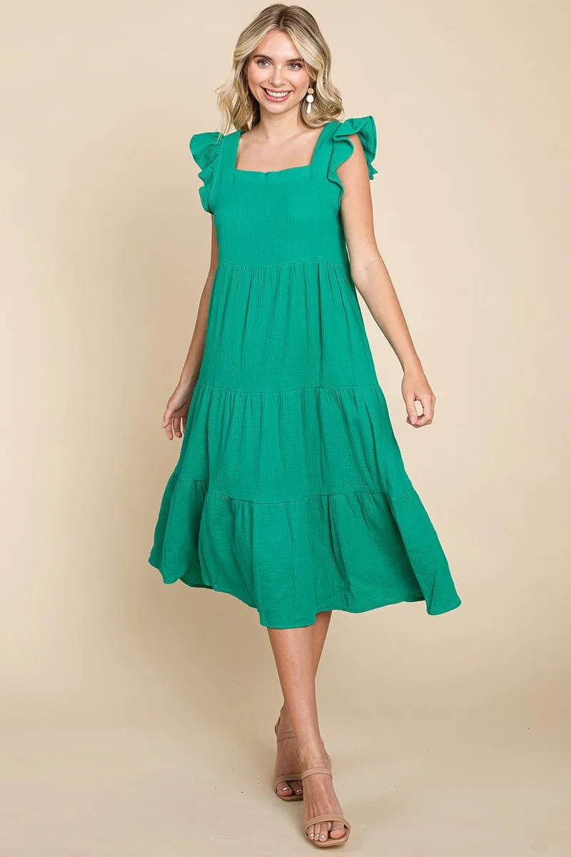 Ruffle Sleeve Gauze Tiered Midi Cotton Dress