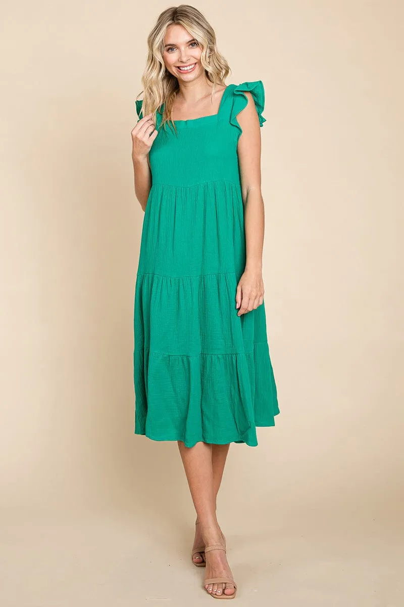 Ruffle Sleeve Gauze Tiered Midi Cotton Dress