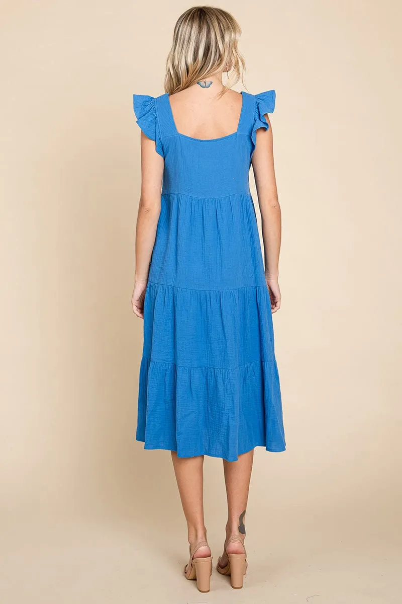 Ruffle Sleeve Gauze Tiered Midi Cotton Dress