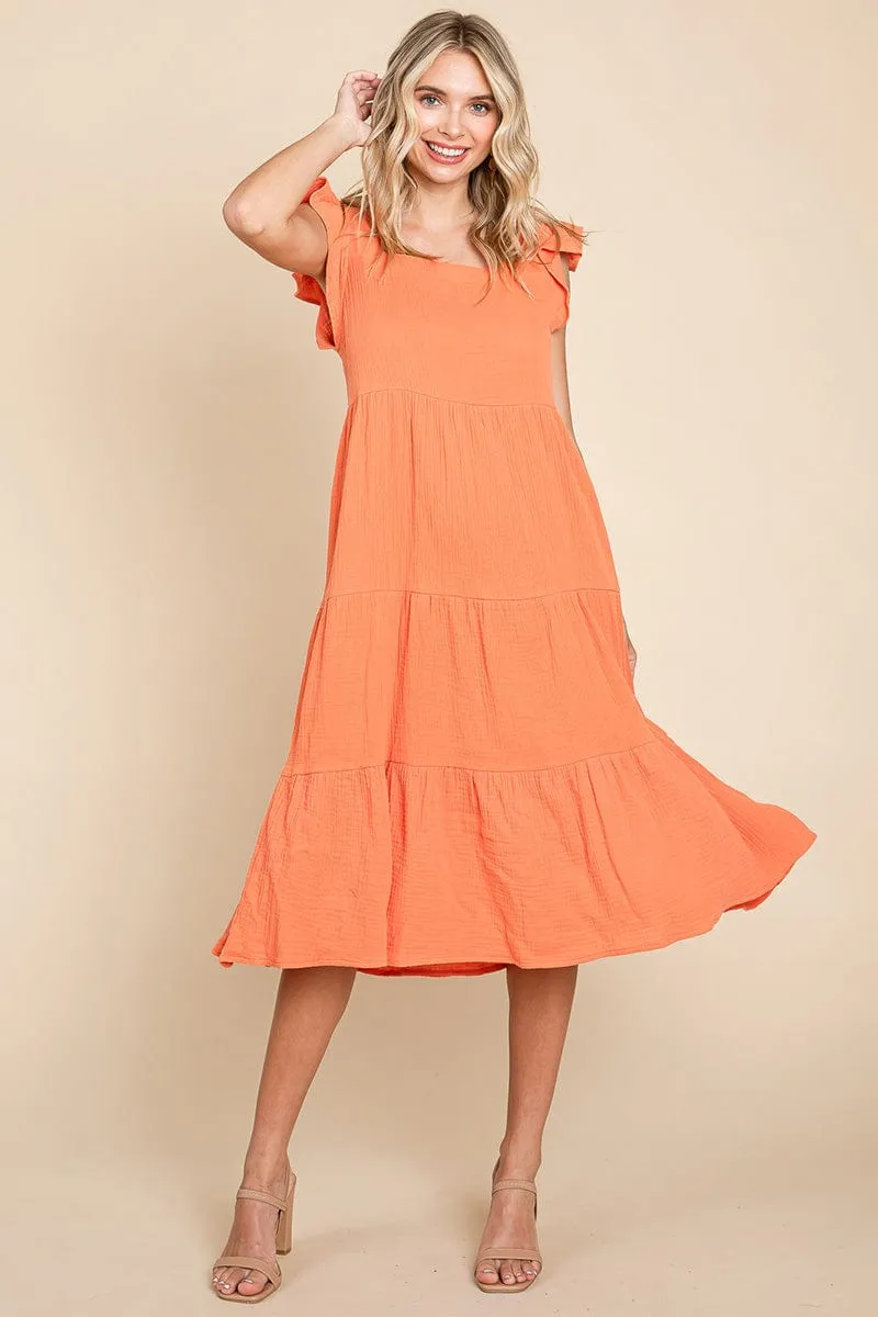 Ruffle Sleeve Gauze Tiered Midi Cotton Dress