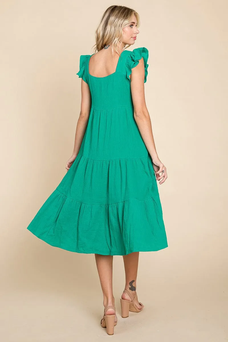 Ruffle Sleeve Gauze Tiered Midi Cotton Dress