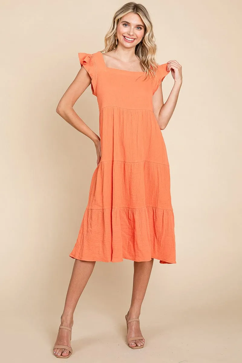 Ruffle Sleeve Gauze Tiered Midi Cotton Dress