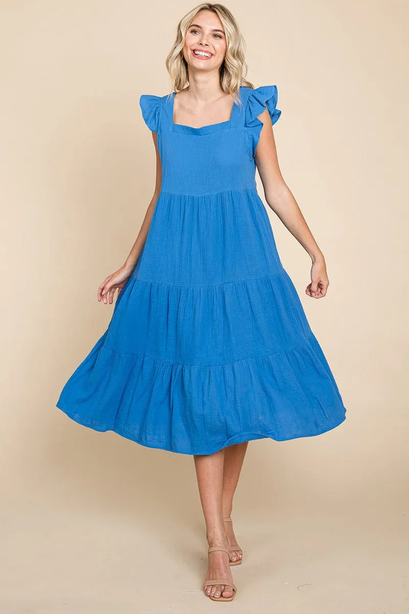 Ruffle Sleeve Gauze Tiered Midi Cotton Dress