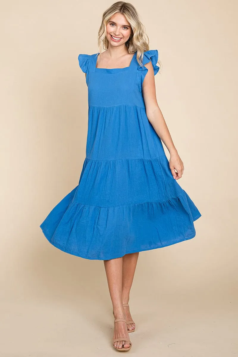 Ruffle Sleeve Gauze Tiered Midi Cotton Dress