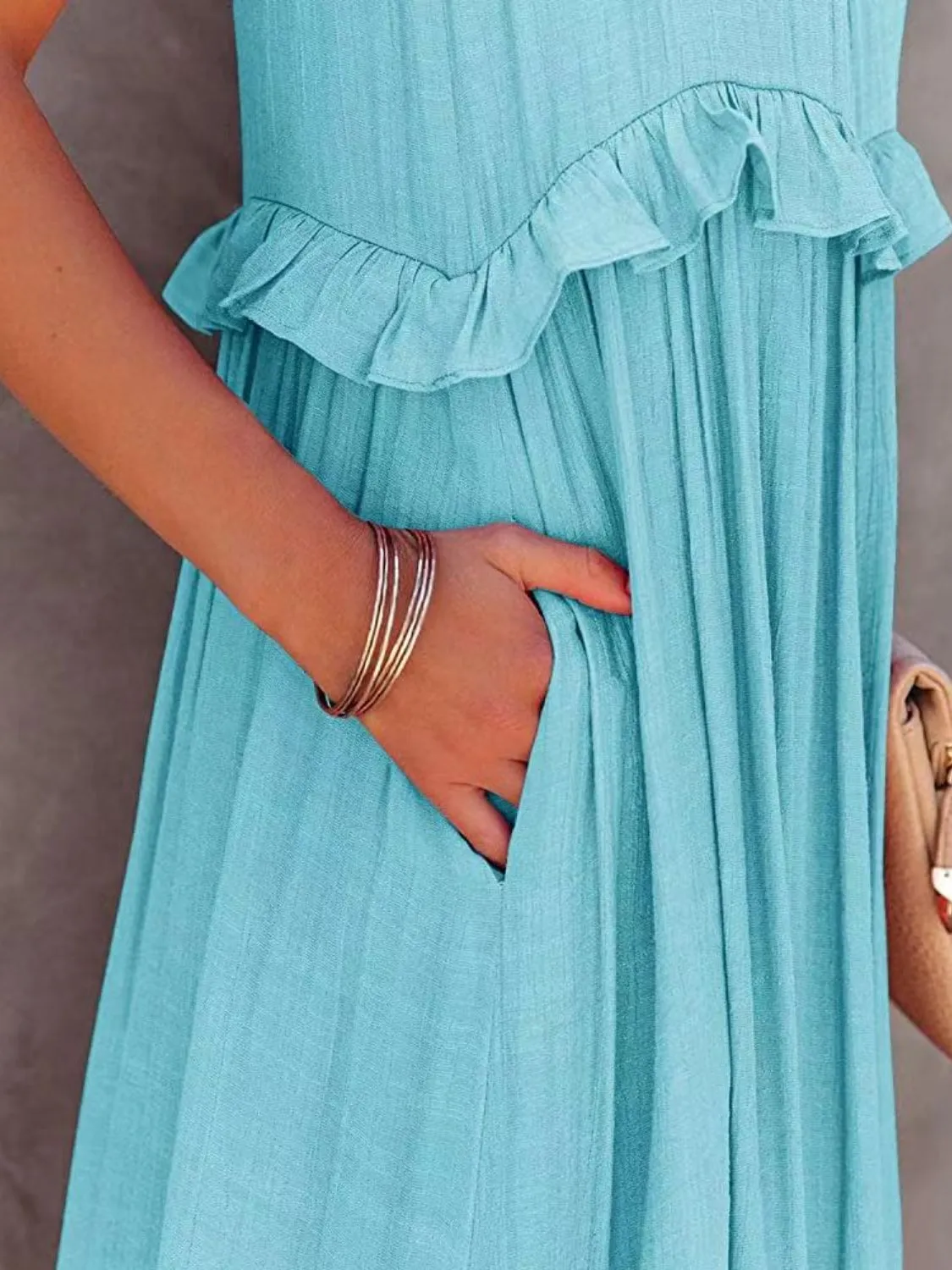 Ruffled Sleeveless Maxi Dress with Pockets