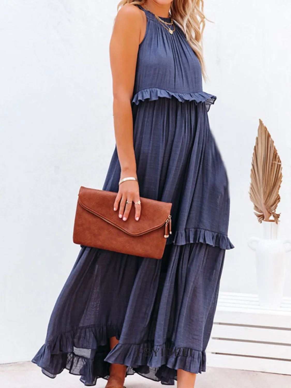 Ruffled Sleeveless Maxi Dress with Pockets