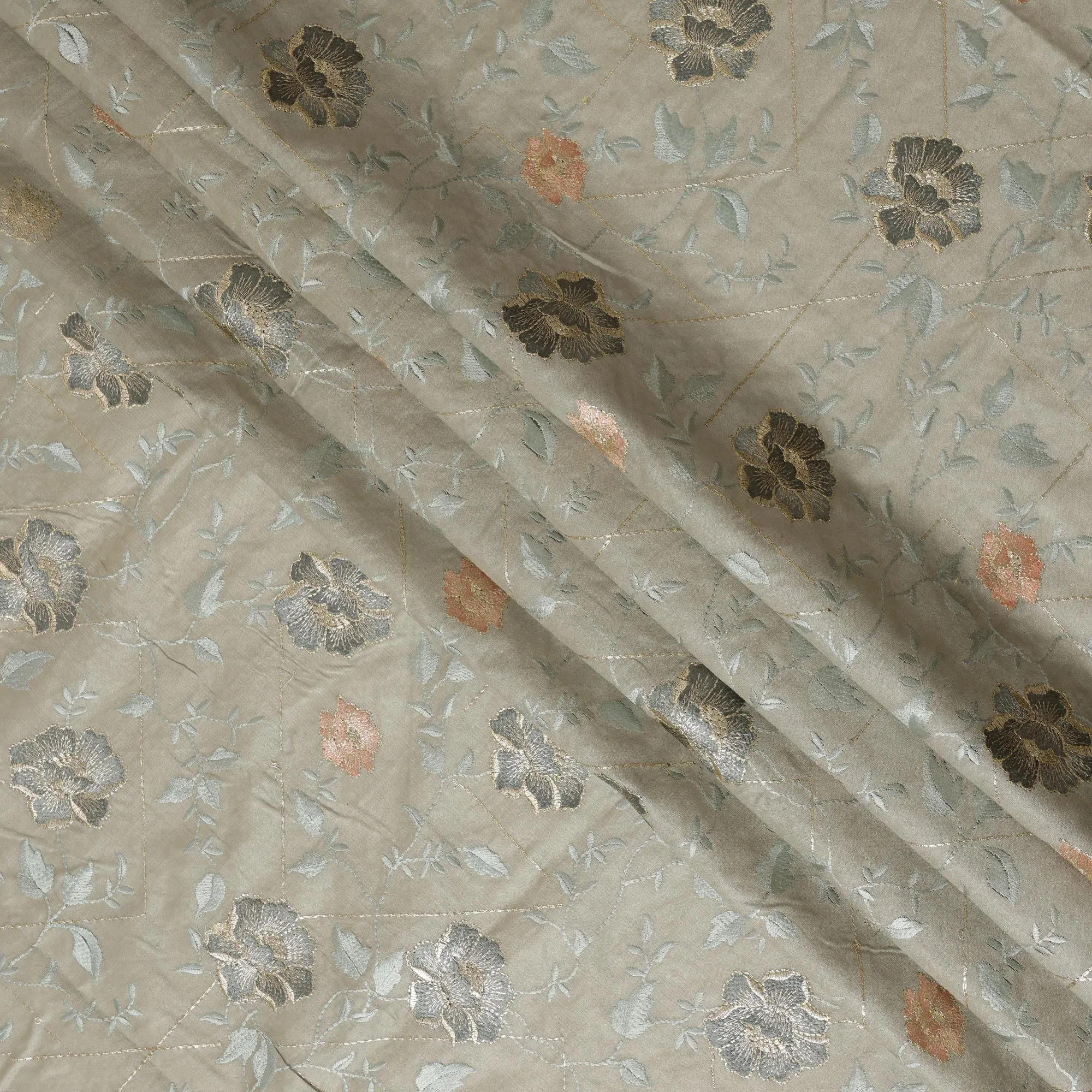 Sage Green Cotton Silk Fabric with Black and Peach Floral Embroidery, 110 cm Width-D20435