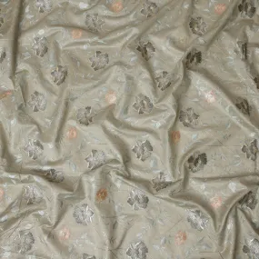 Sage Green Cotton Silk Fabric with Black and Peach Floral Embroidery, 110 cm Width-D20435