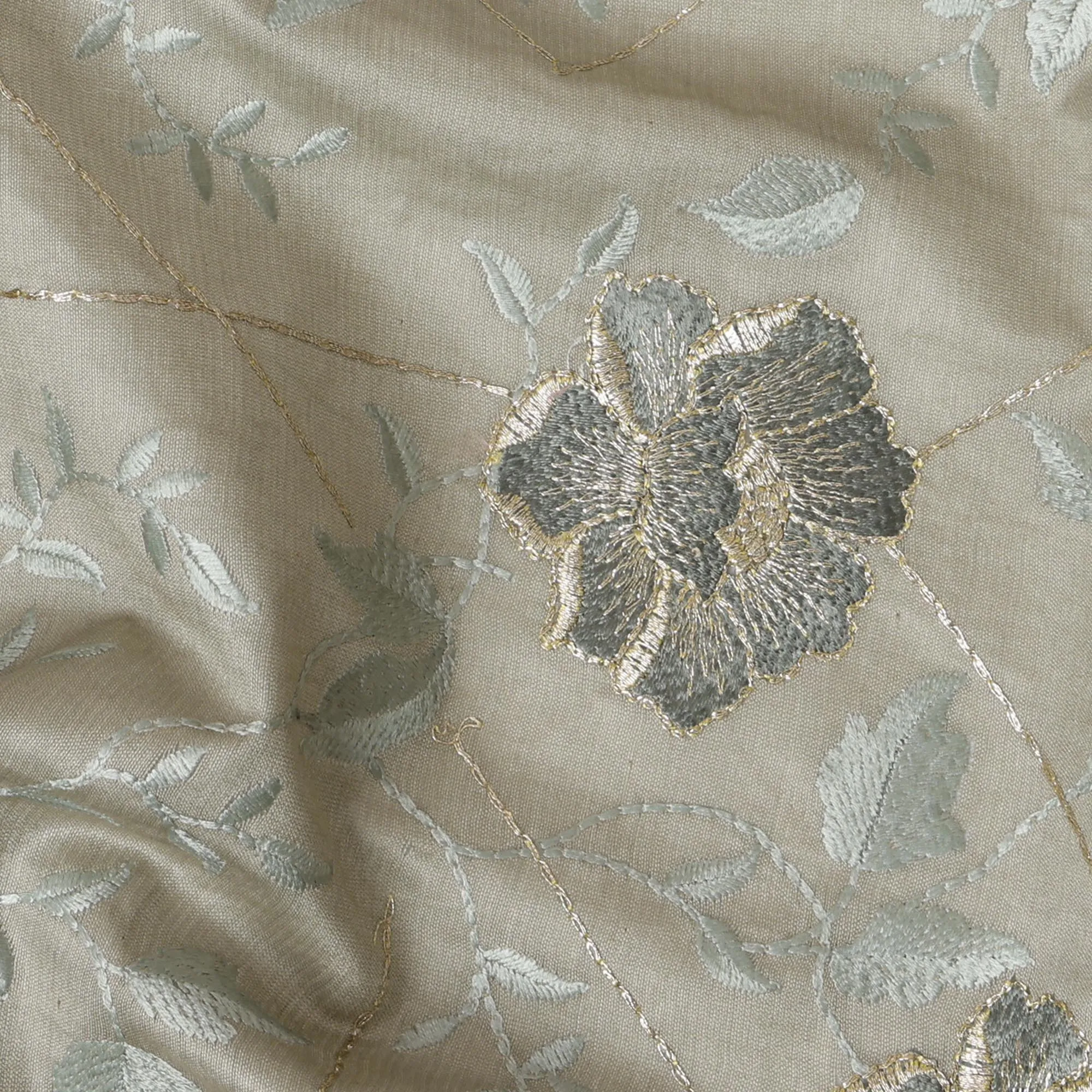 Sage Green Cotton Silk Fabric with Black and Peach Floral Embroidery, 110 cm Width-D20435