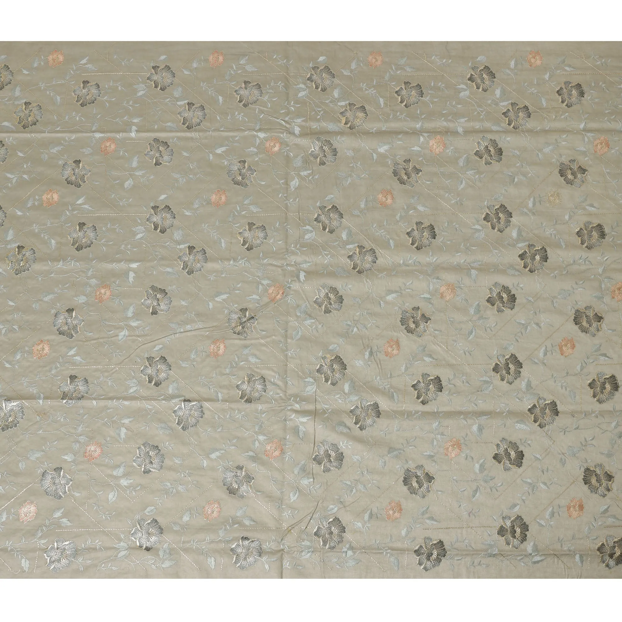 Sage Green Cotton Silk Fabric with Black and Peach Floral Embroidery, 110 cm Width-D20435