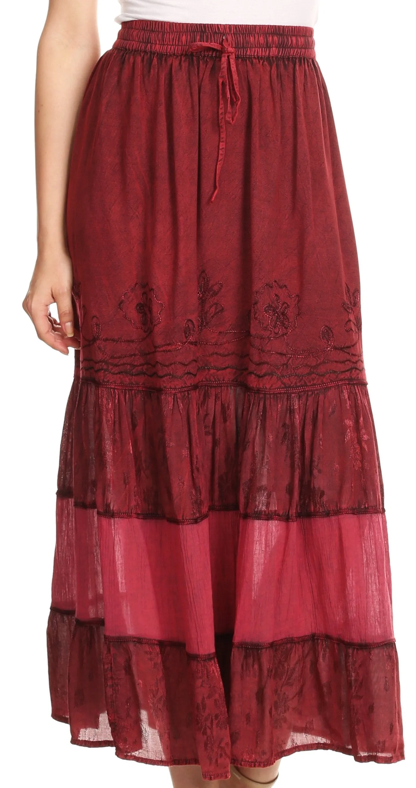 Sakkas Tania Long Bohemian Embroidered Maxi Skirt with Adjustable Waist