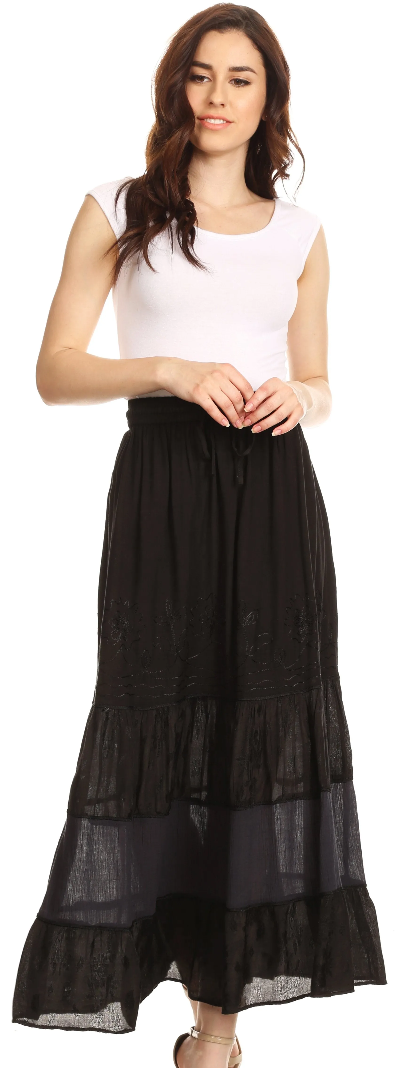 Sakkas Tania Long Bohemian Embroidered Maxi Skirt with Adjustable Waist