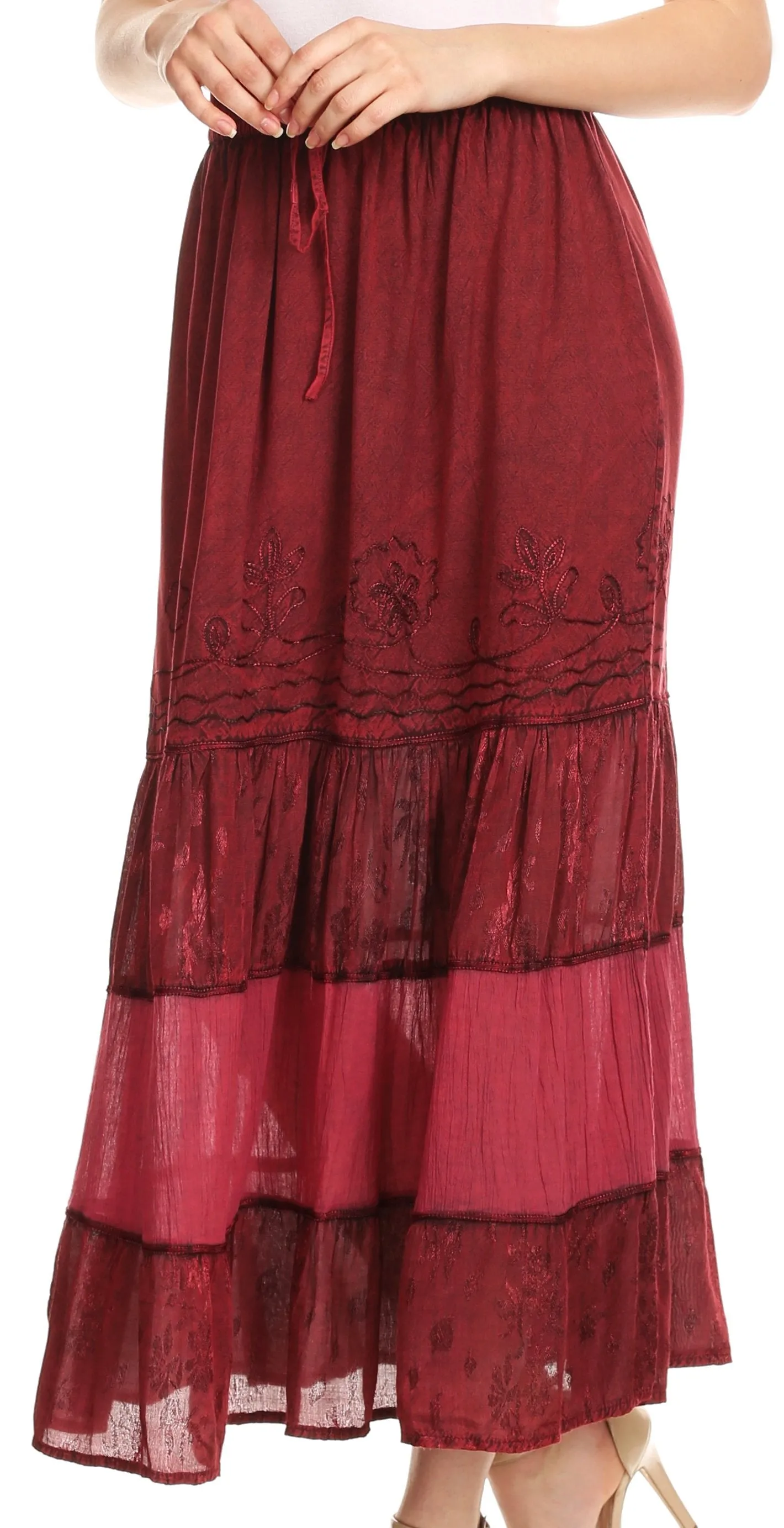 Sakkas Tania Long Bohemian Embroidered Maxi Skirt with Adjustable Waist