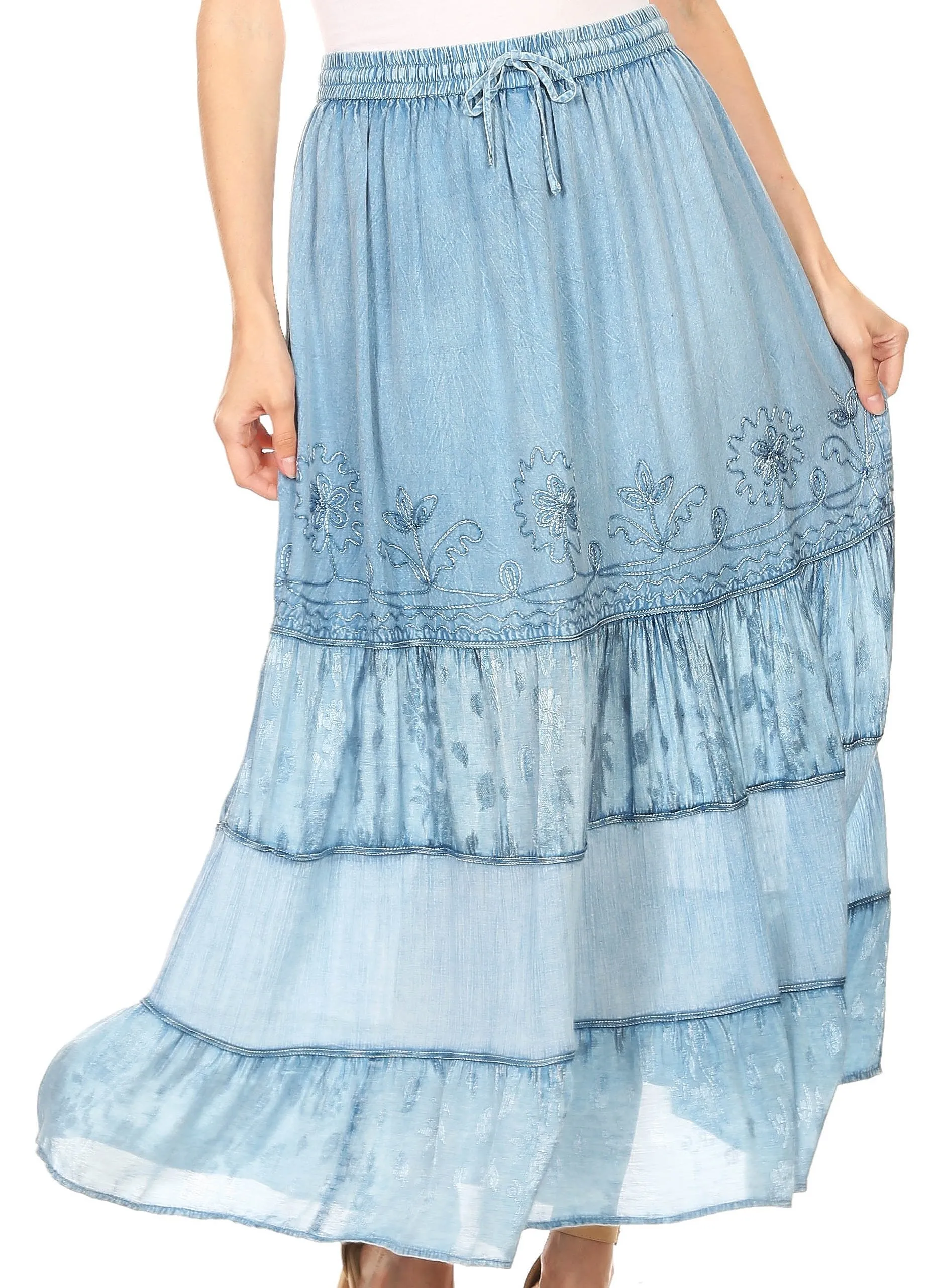 Sakkas Tania Long Bohemian Embroidered Maxi Skirt with Adjustable Waist