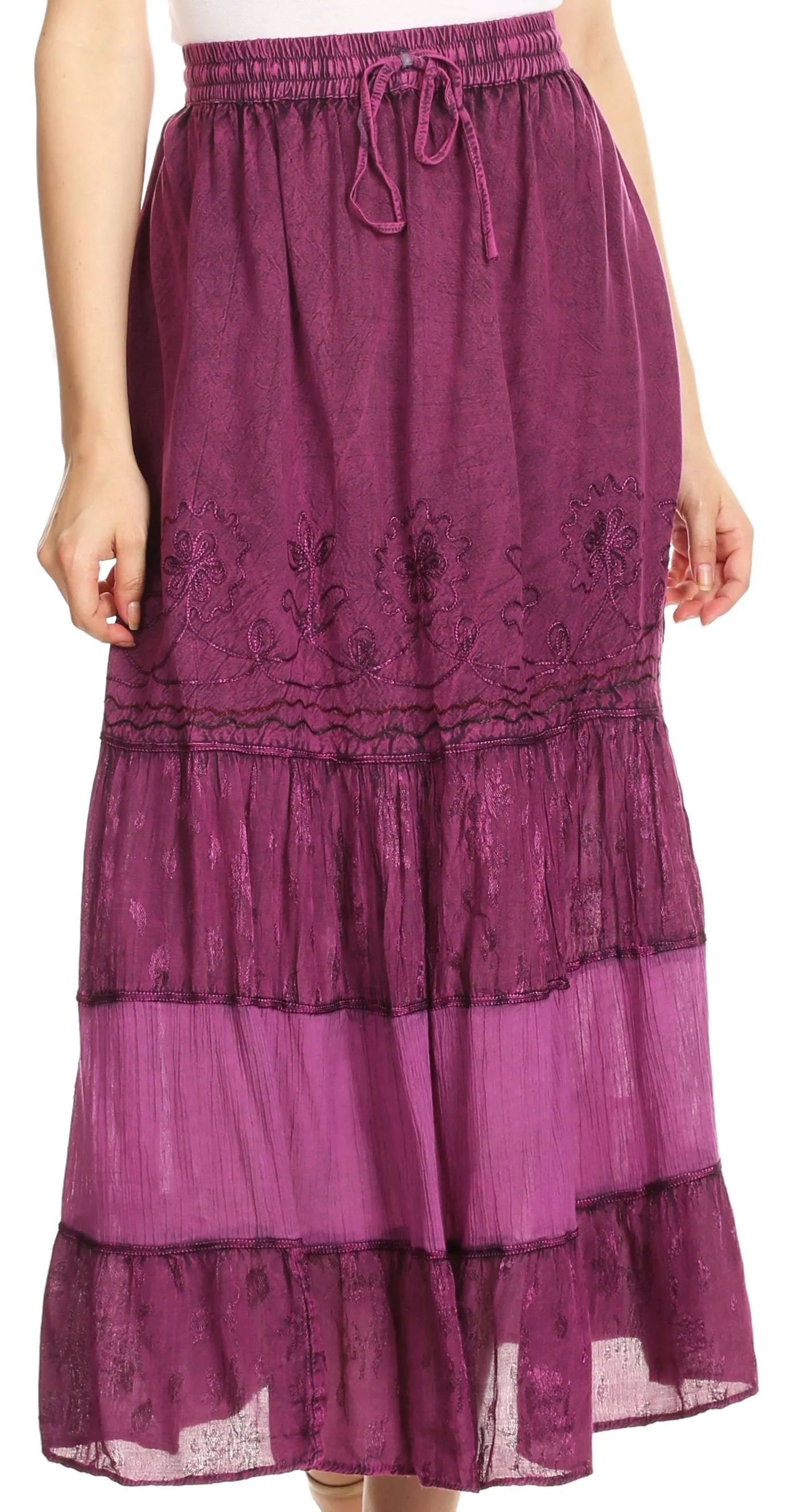 Sakkas Tania Long Bohemian Embroidered Maxi Skirt with Adjustable Waist