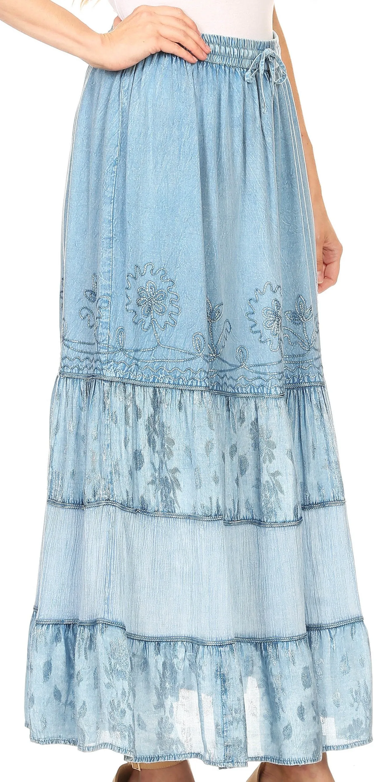 Sakkas Tania Long Bohemian Embroidered Maxi Skirt with Adjustable Waist