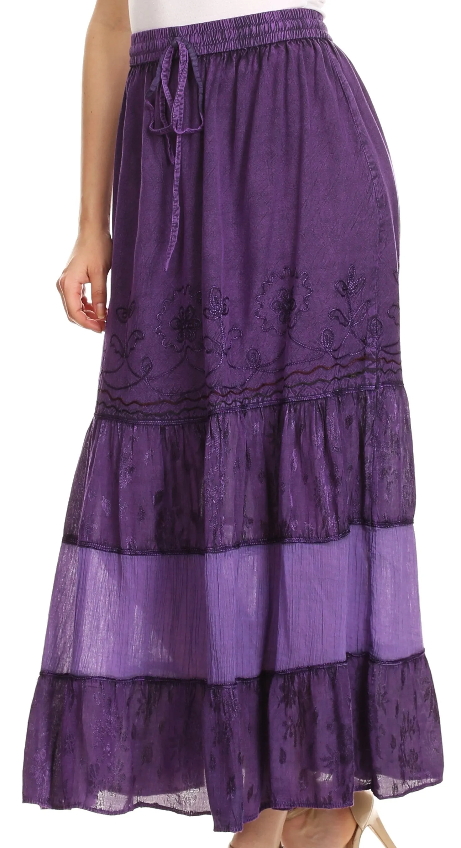 Sakkas Tania Long Bohemian Embroidered Maxi Skirt with Adjustable Waist