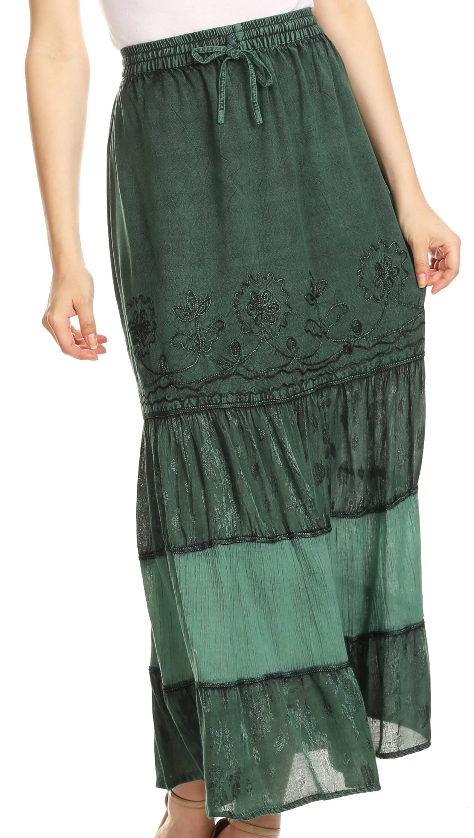 Sakkas Tania Long Bohemian Embroidered Maxi Skirt with Adjustable Waist