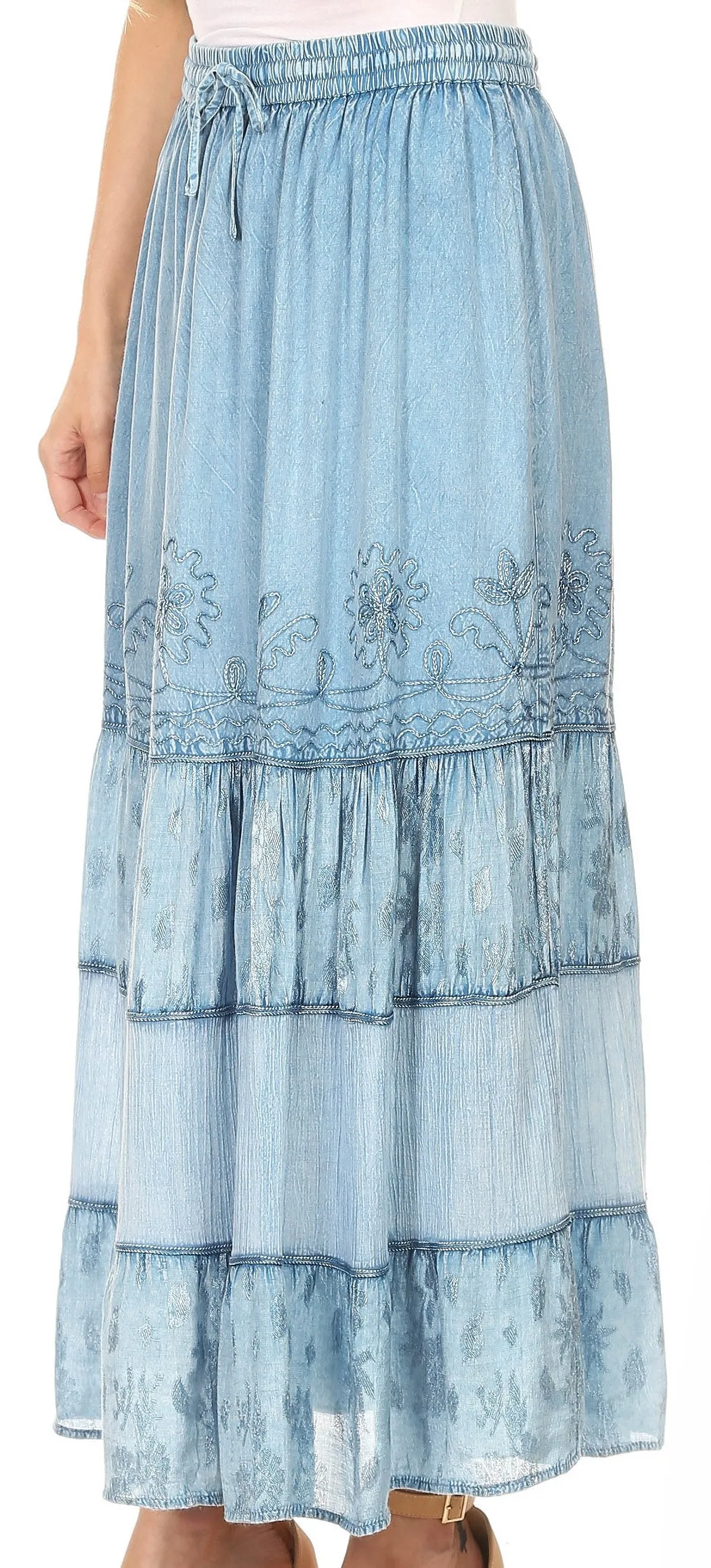 Sakkas Tania Long Bohemian Embroidered Maxi Skirt with Adjustable Waist