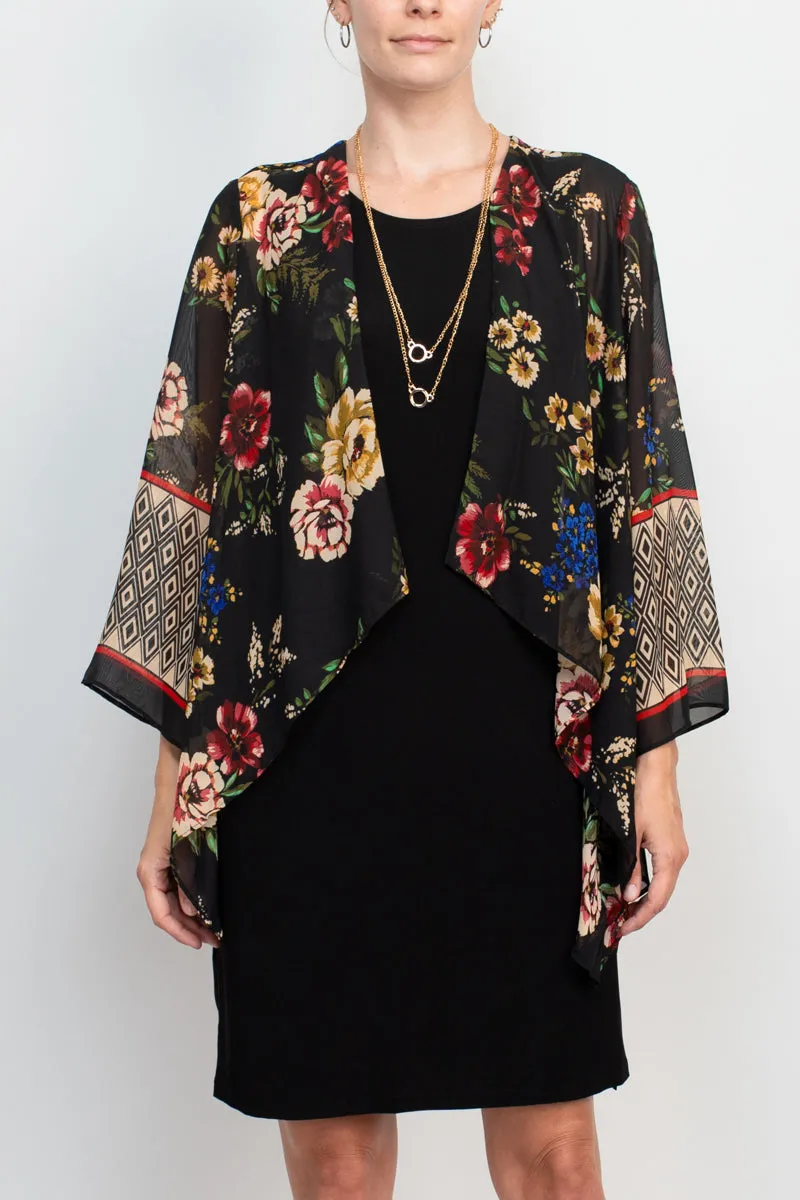 Sandra Darren crew neck sleeveless chain detail solid matte jersey dress with attached multi print chiffon jacket