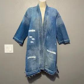 Sandrine Rose Free People Kimono Jean Jacket Blue Distressed Raw Hem Pockets Size S