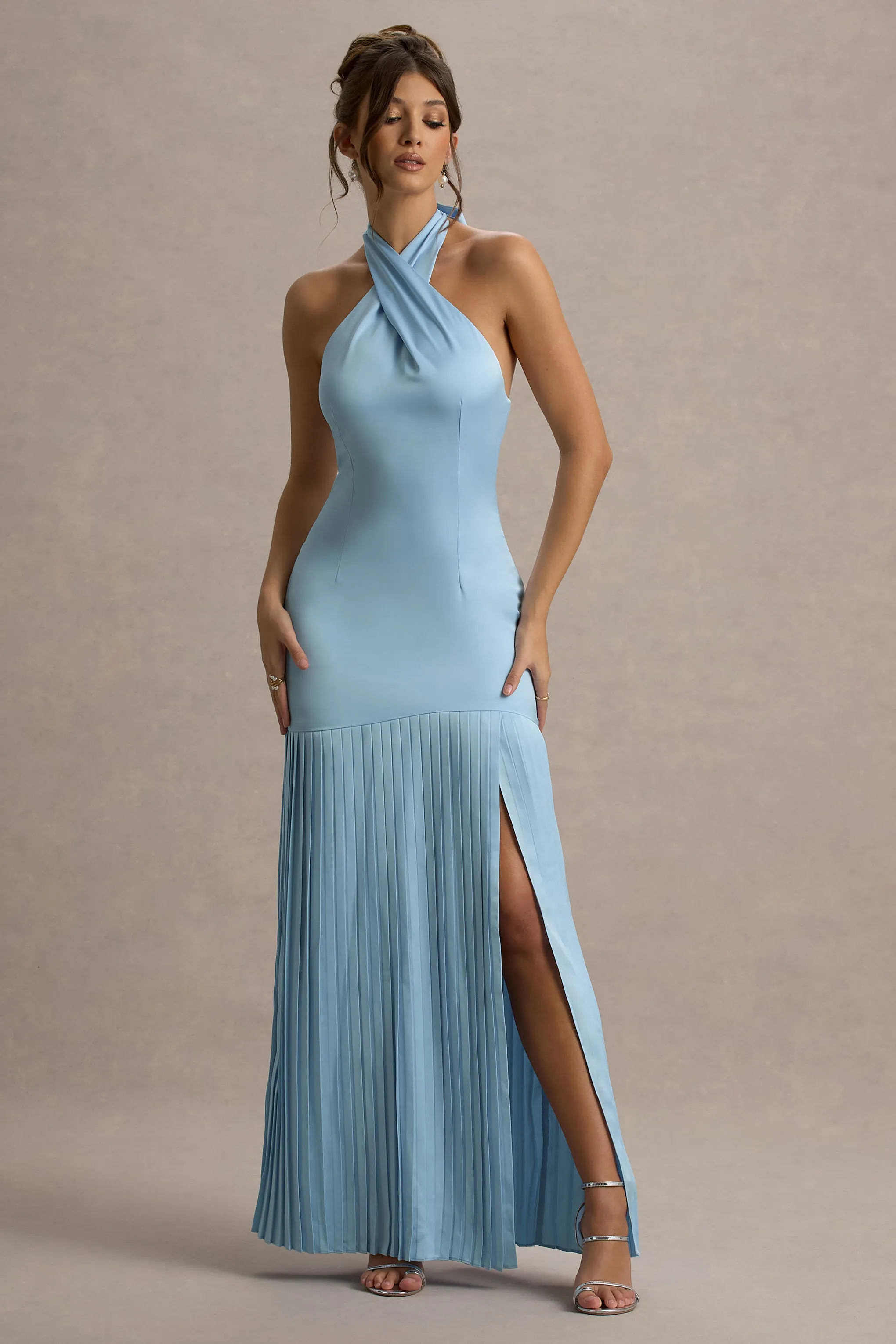 Sansa | Powder Blue Satin Cross Halter-Neck Plisse Maxi Dress