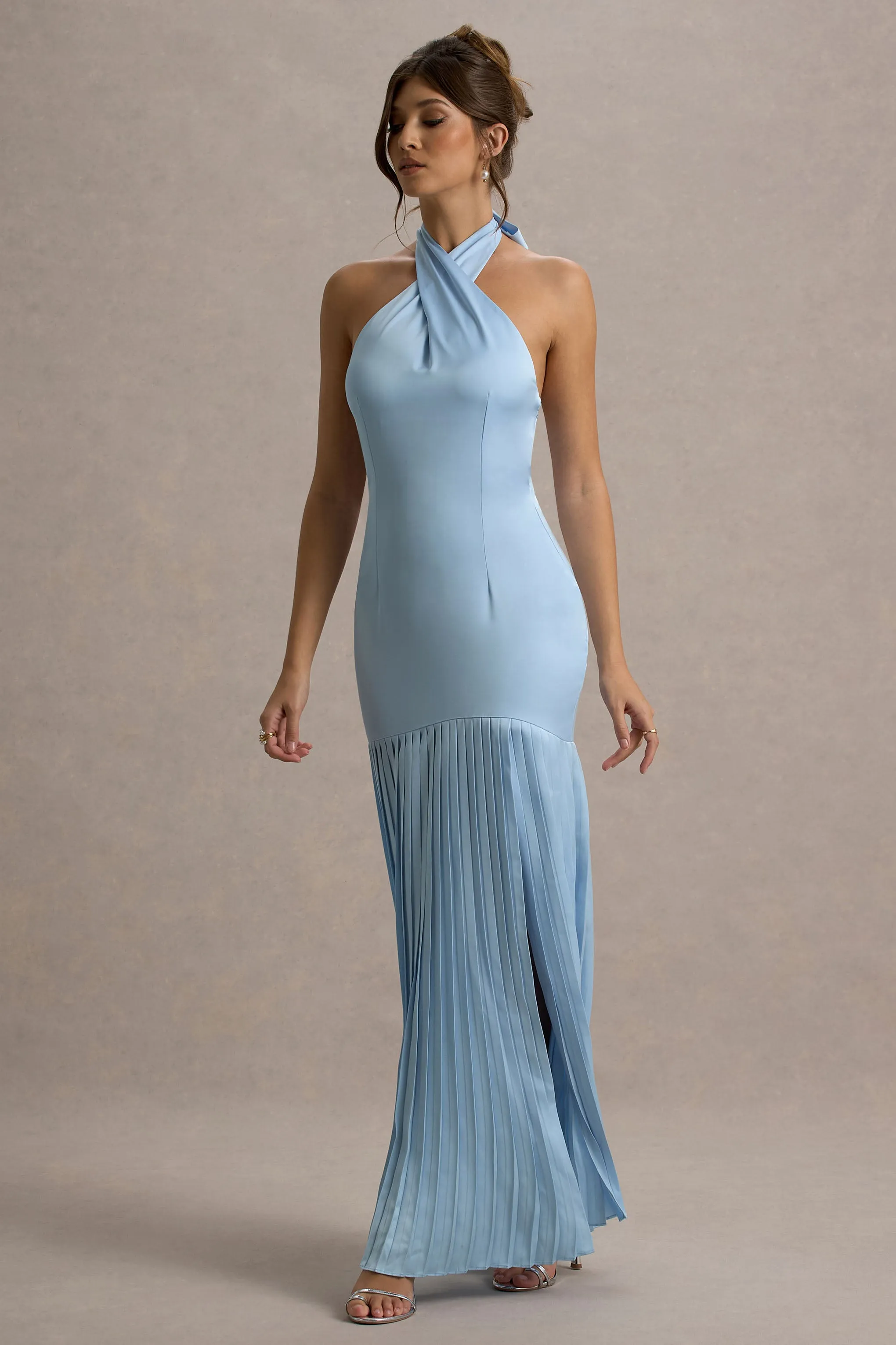 Sansa | Powder Blue Satin Cross Halter-Neck Plisse Maxi Dress