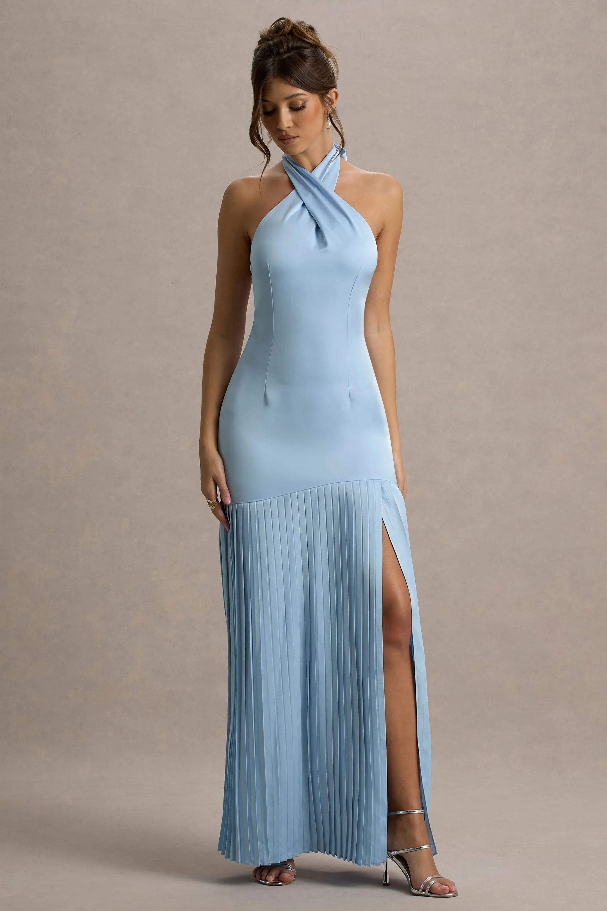 Sansa | Powder Blue Satin Cross Halter-Neck Plisse Maxi Dress