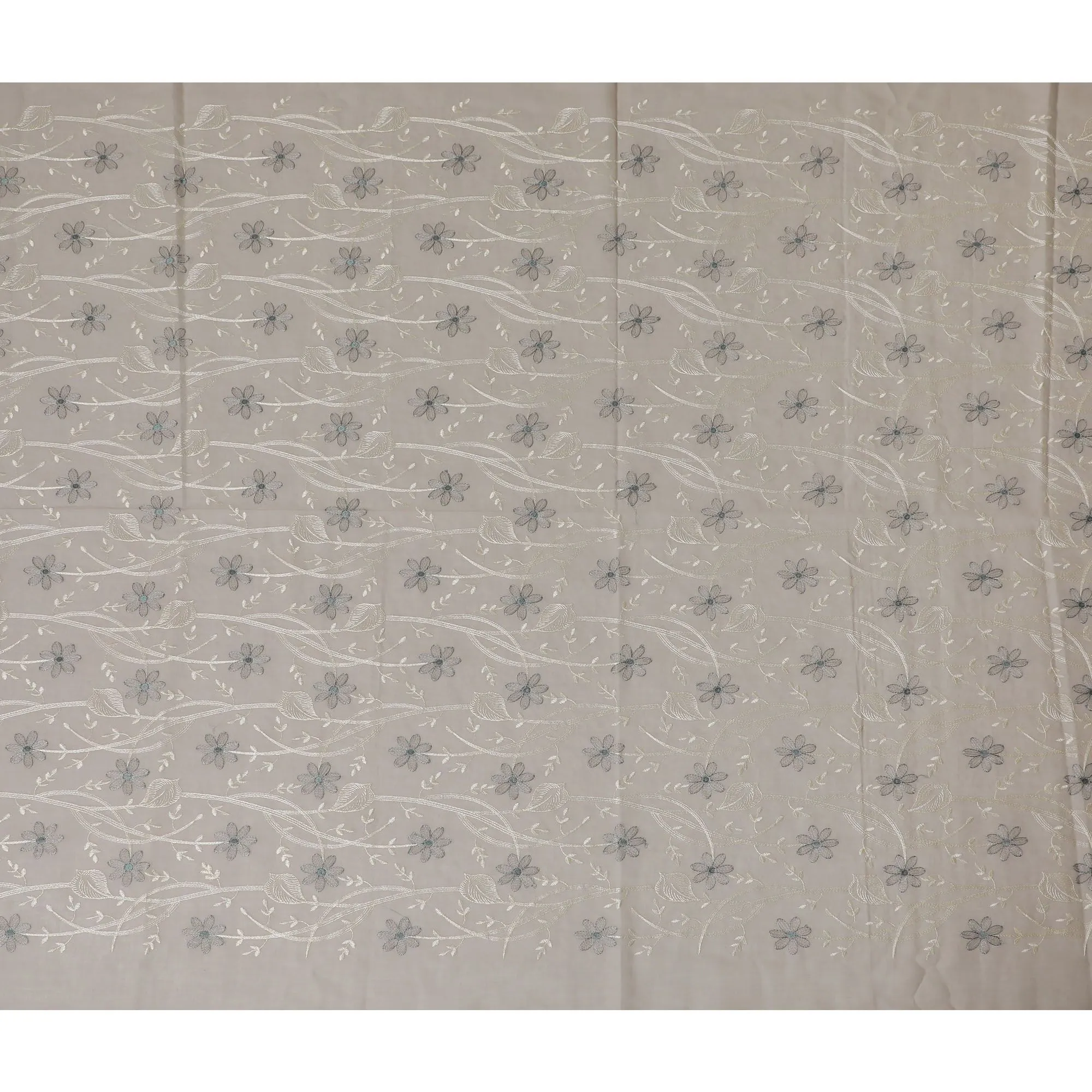 Silvery Moonlight Embroidered Cotton Lawn Fabric - Ethereal Grey with Blue Florals, 110cm Width-D18756