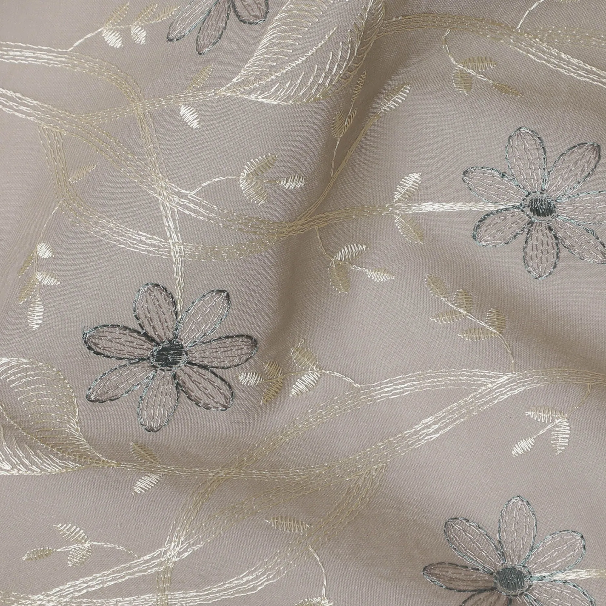 Silvery Moonlight Embroidered Cotton Lawn Fabric - Ethereal Grey with Blue Florals, 110cm Width-D18756