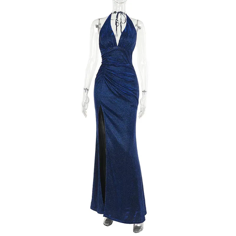 Sparkle Halter V-Neck Mermaid Gown - Elegant Slit Evening Dress