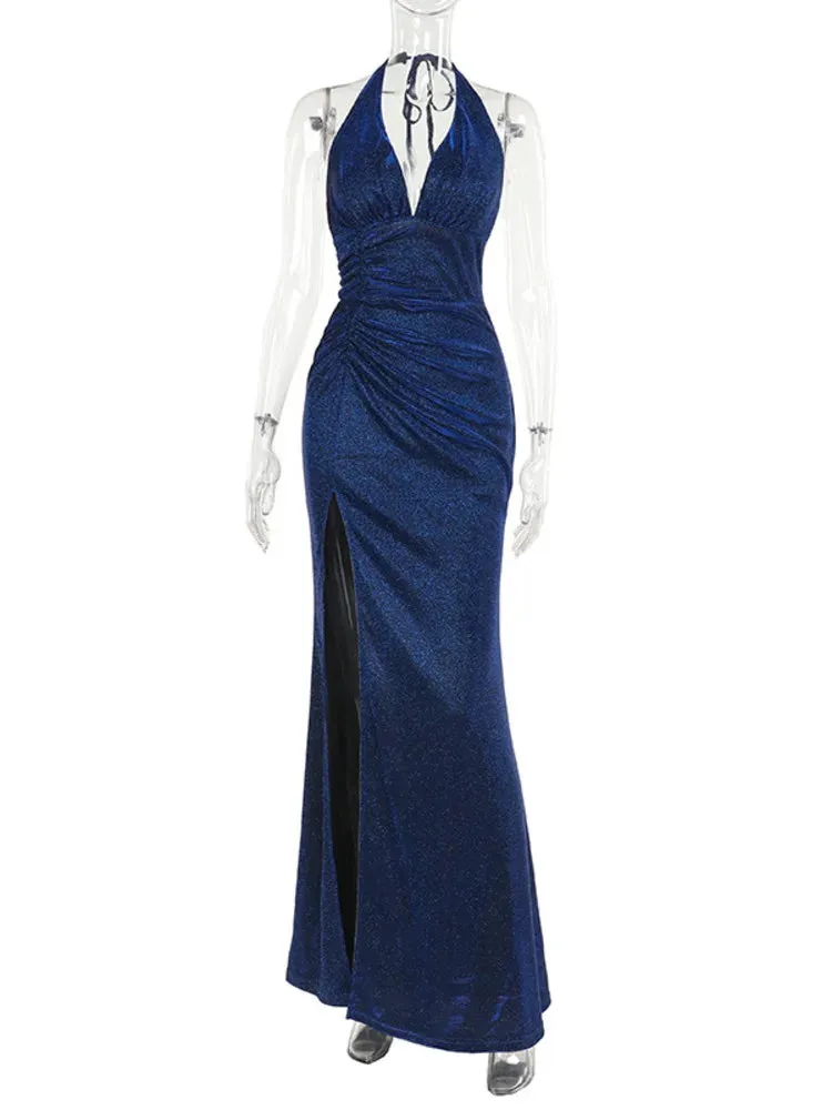 Sparkle Halter V-Neck Mermaid Gown - Elegant Slit Evening Dress