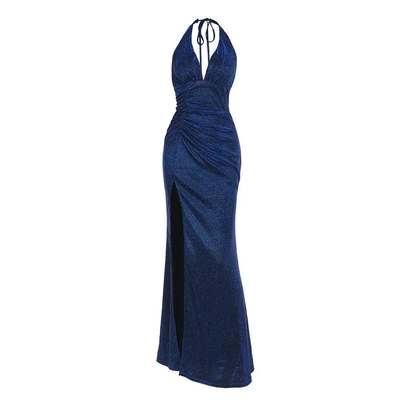 Sparkle Halter V-Neck Mermaid Gown - Elegant Slit Evening Dress