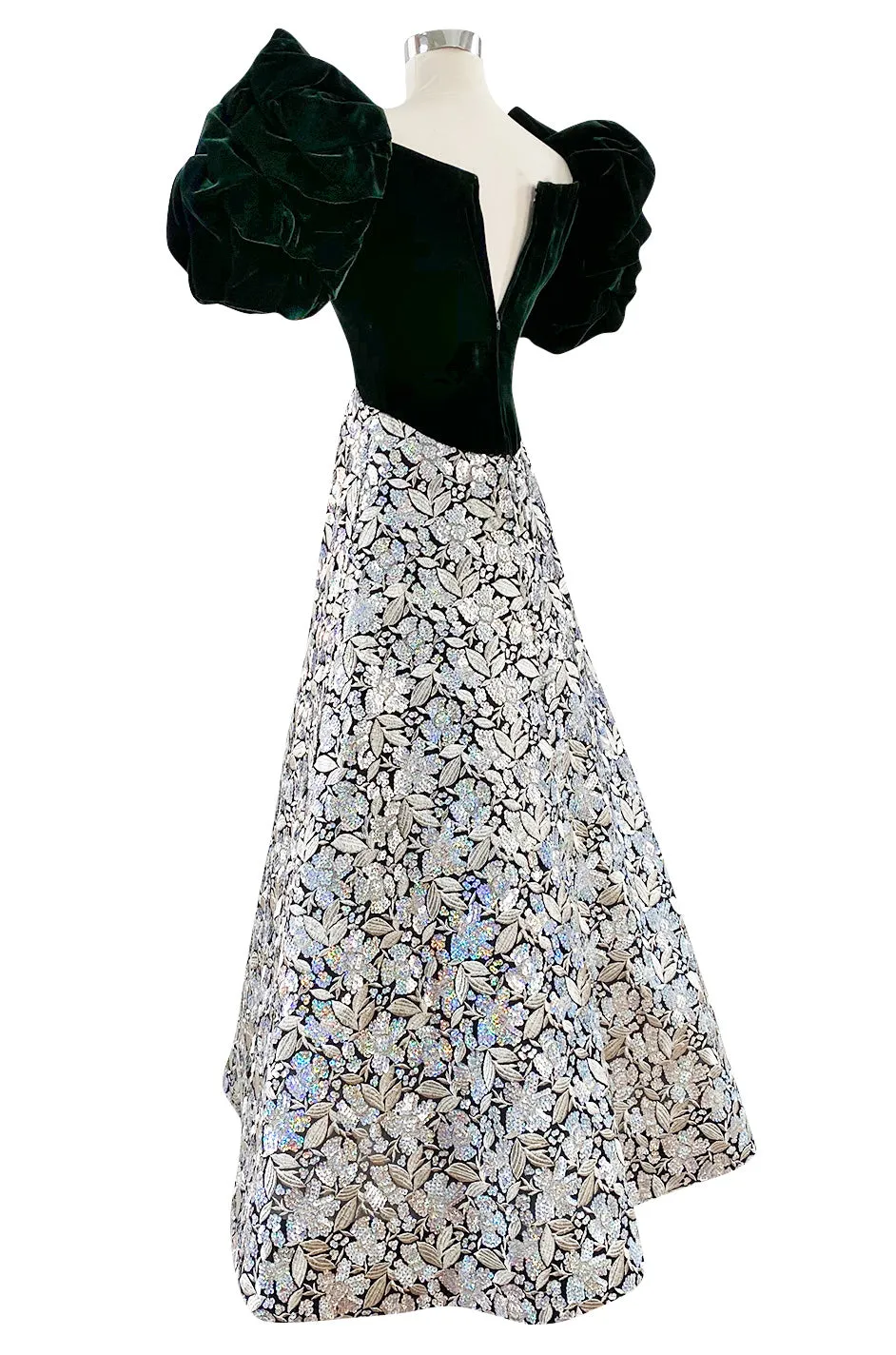 Spring 1992 Arnold Scaasi Couture Deep Green Velvet & Embroidered Silver Thread & Sequin Dress