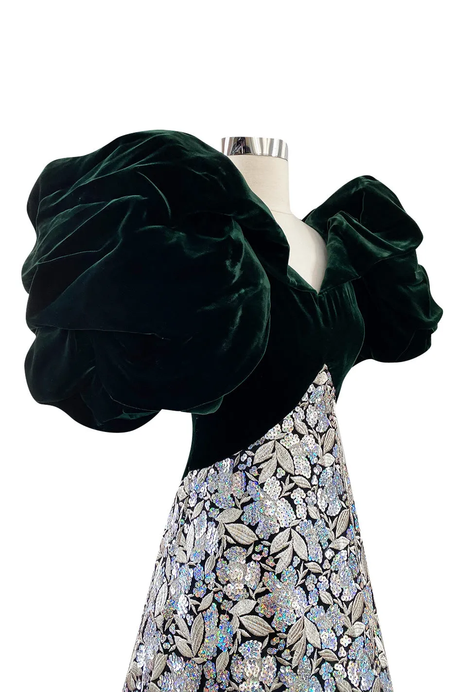 Spring 1992 Arnold Scaasi Couture Deep Green Velvet & Embroidered Silver Thread & Sequin Dress