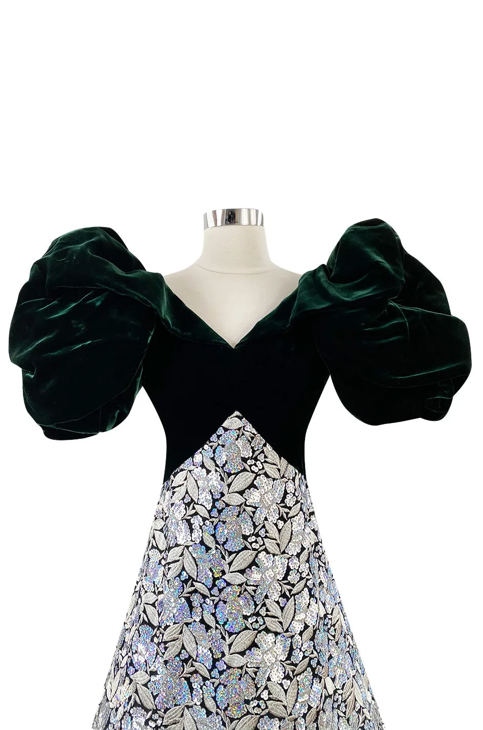 Spring 1992 Arnold Scaasi Couture Deep Green Velvet & Embroidered Silver Thread & Sequin Dress