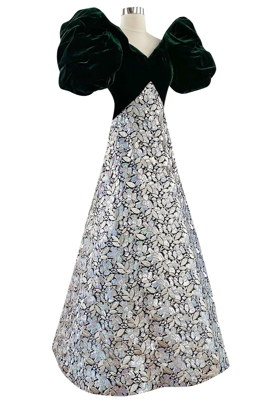 Spring 1992 Arnold Scaasi Couture Deep Green Velvet & Embroidered Silver Thread & Sequin Dress