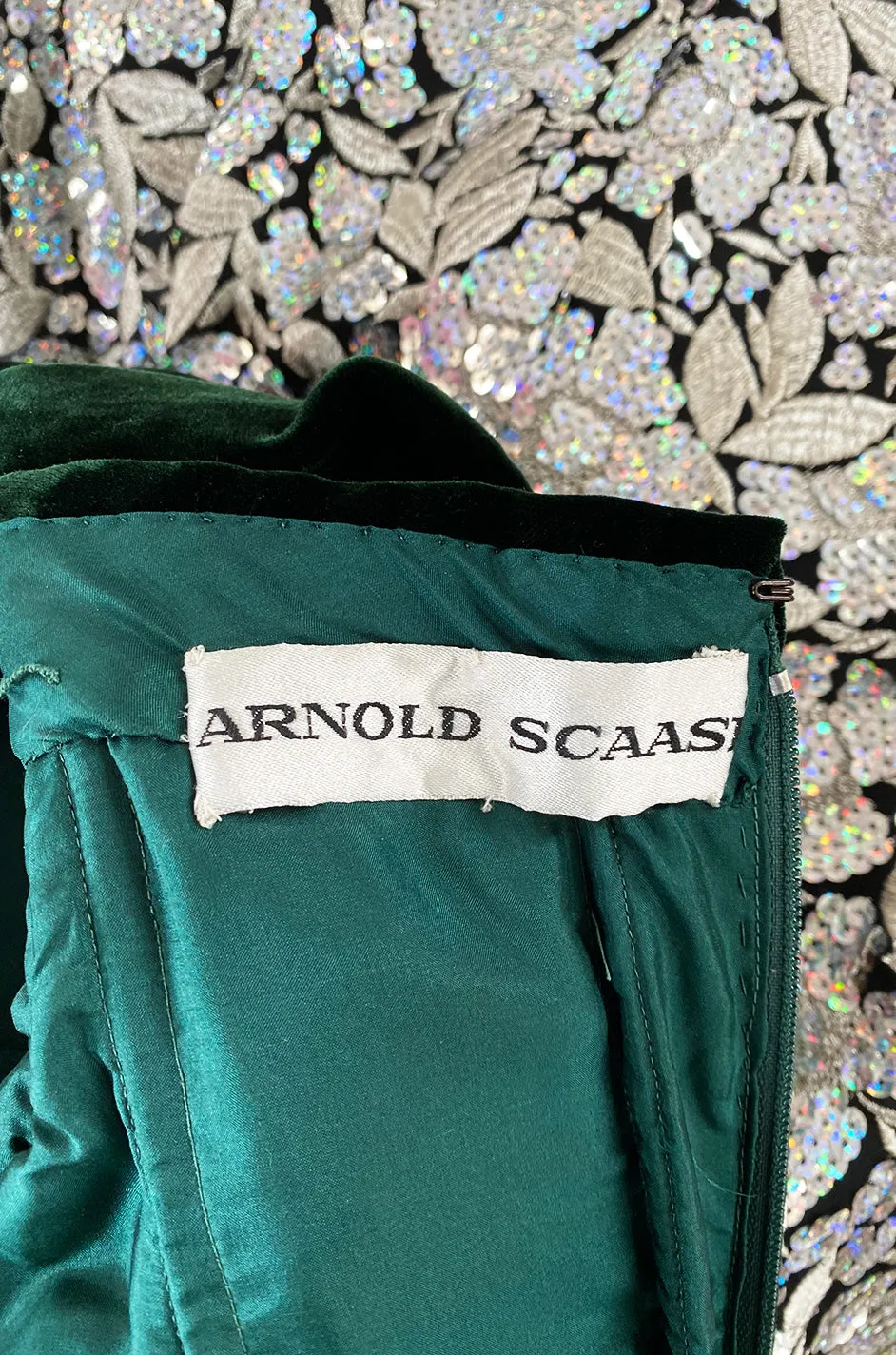 Spring 1992 Arnold Scaasi Couture Deep Green Velvet & Embroidered Silver Thread & Sequin Dress